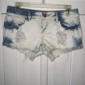 Crave Fame Acid Wash White Blue Distressed Denim Mini Shorts Women Size 3 Frayed